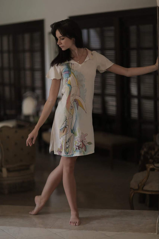 Hand made silk short dress With swan drawings, one piece
